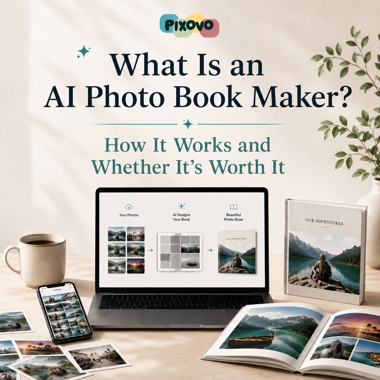 Photo book pages laid out by Pixovo's AI designer